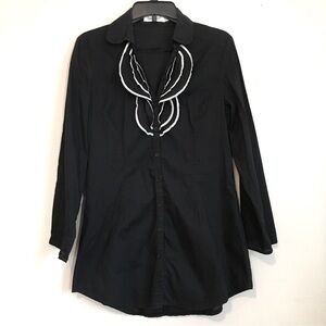 Black Vintage Button Up Ruffle Front Long Sleeve Shirt